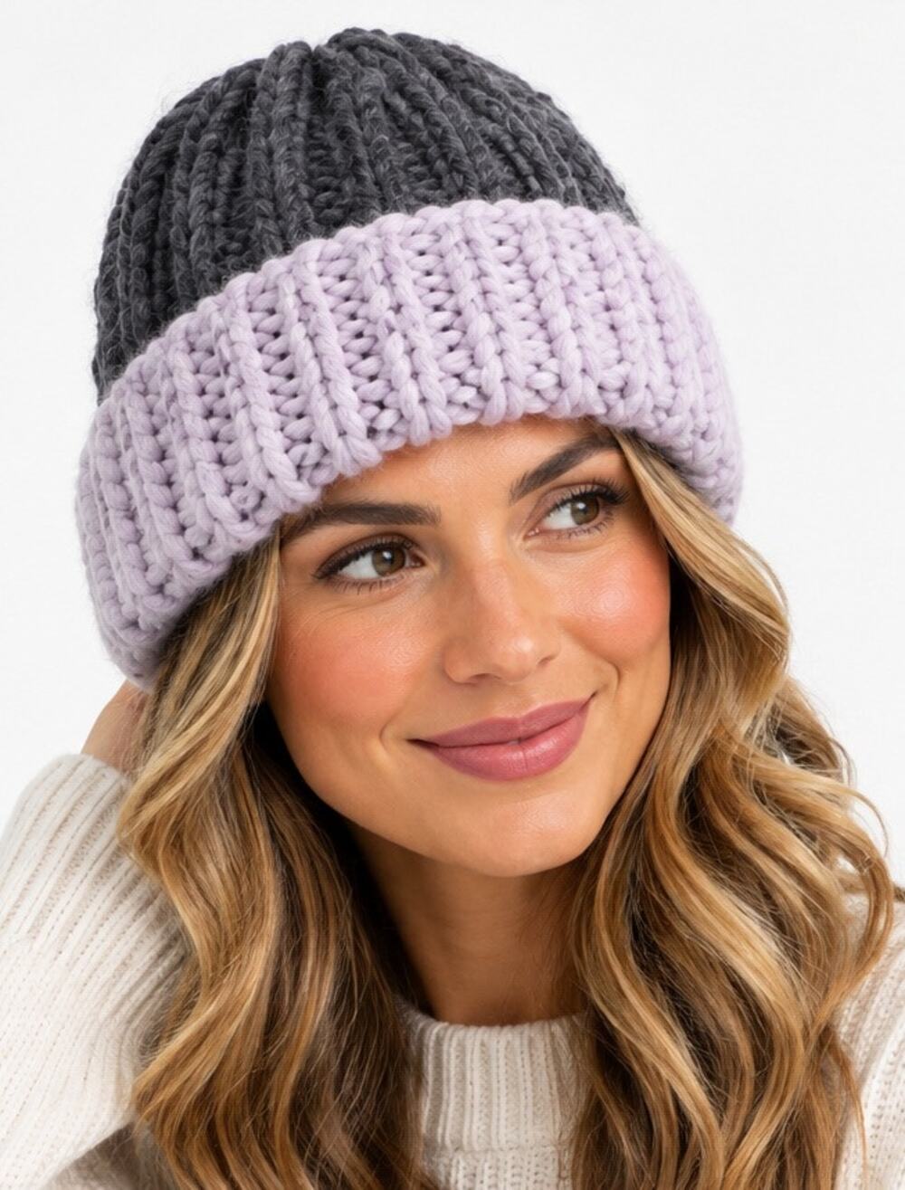 KYI KYI HAND MADE KNITTED HAT BEANIE IN CHARCOAL AND LILAC